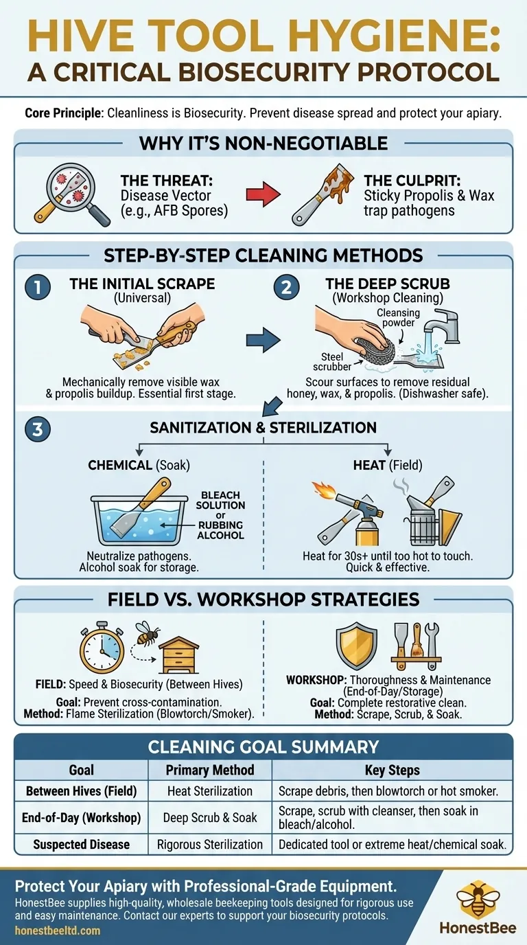 How is the hive tool cleaned after use? A Beekeeper's Guide to Biosecurity Visual Guide