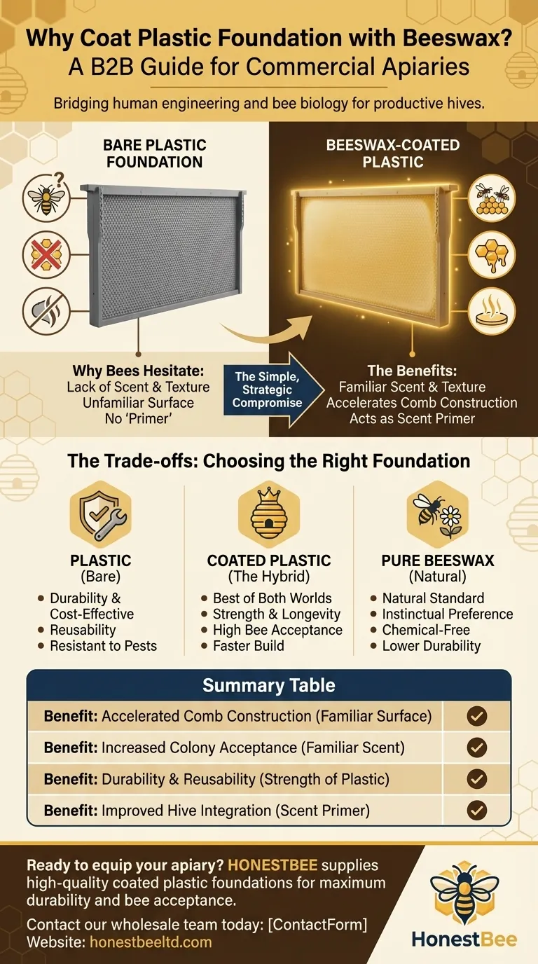 Why is it beneficial to coat plastic foundation with beeswax? Boost Hive Acceptance & Comb Building Visual Guide