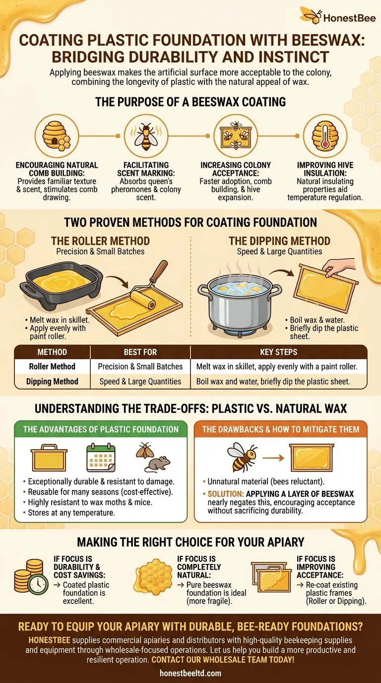 How can you coat plastic foundation sheets with beeswax? Boost Hive Acceptance with a Proper Wax Coating Visual Guide