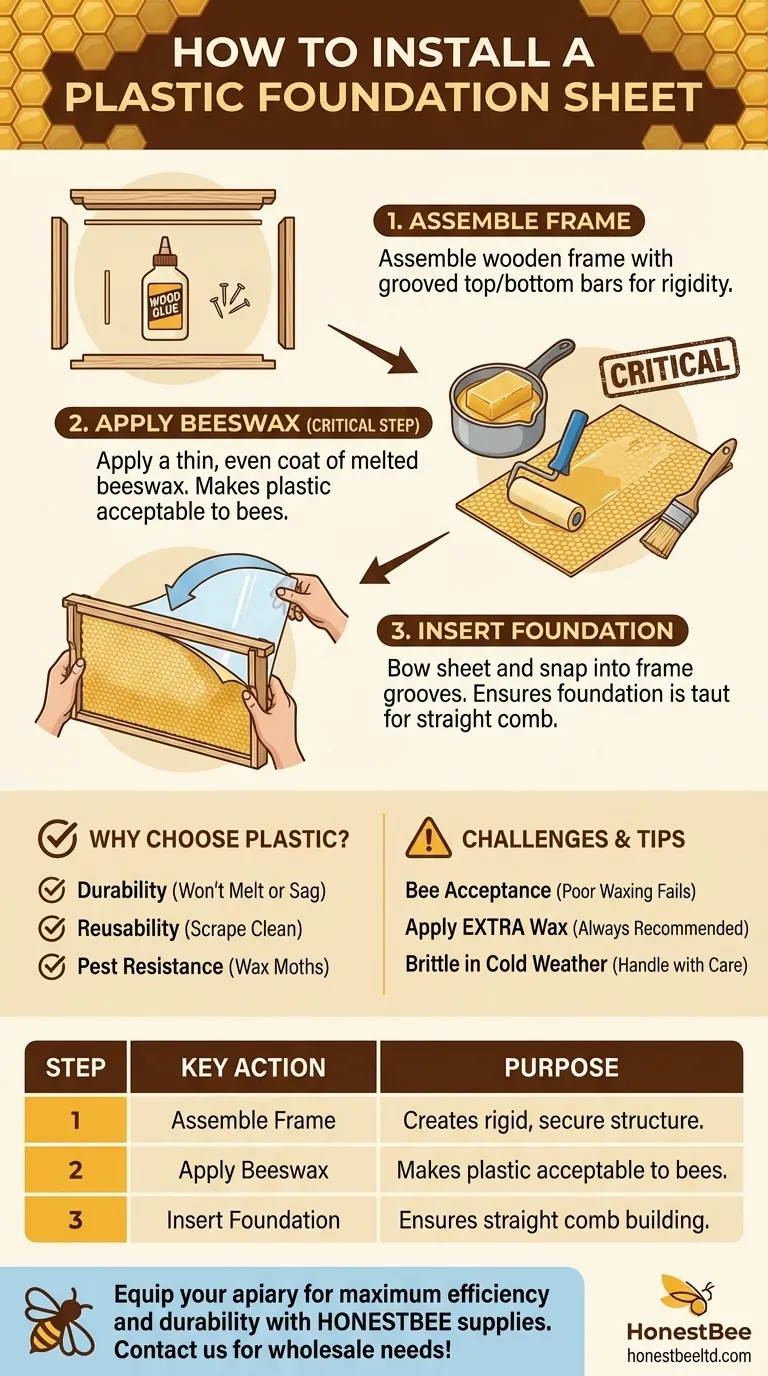 How do you install a plastic foundation sheet? Ensure Bee Acceptance with Proper Waxing Visual Guide