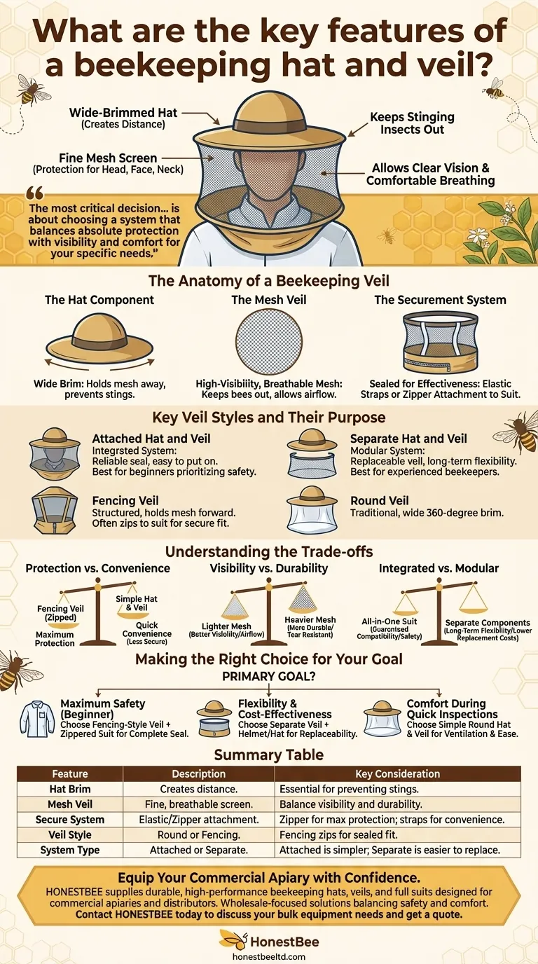 What are the key features of a beekeeping hat and veil? Choose the Right Protection for Your Apiary Visual Guide