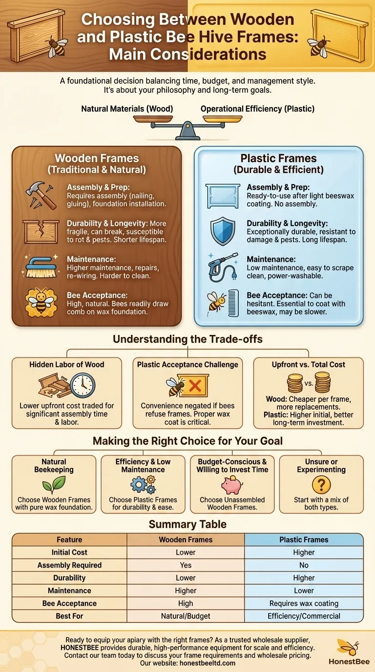나무 벌통 틀과 플라스틱 벌통 틀 중 선택할 때 주요 고려 사항은 무엇인가요? 양봉장의 효율성을 최적화하세요 시각적 가이드