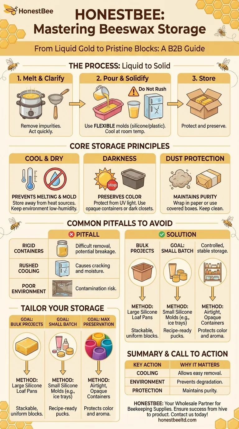 How should beeswax be stored after melting and clarifying? Preserve Purity for Future Projects Visual Guide