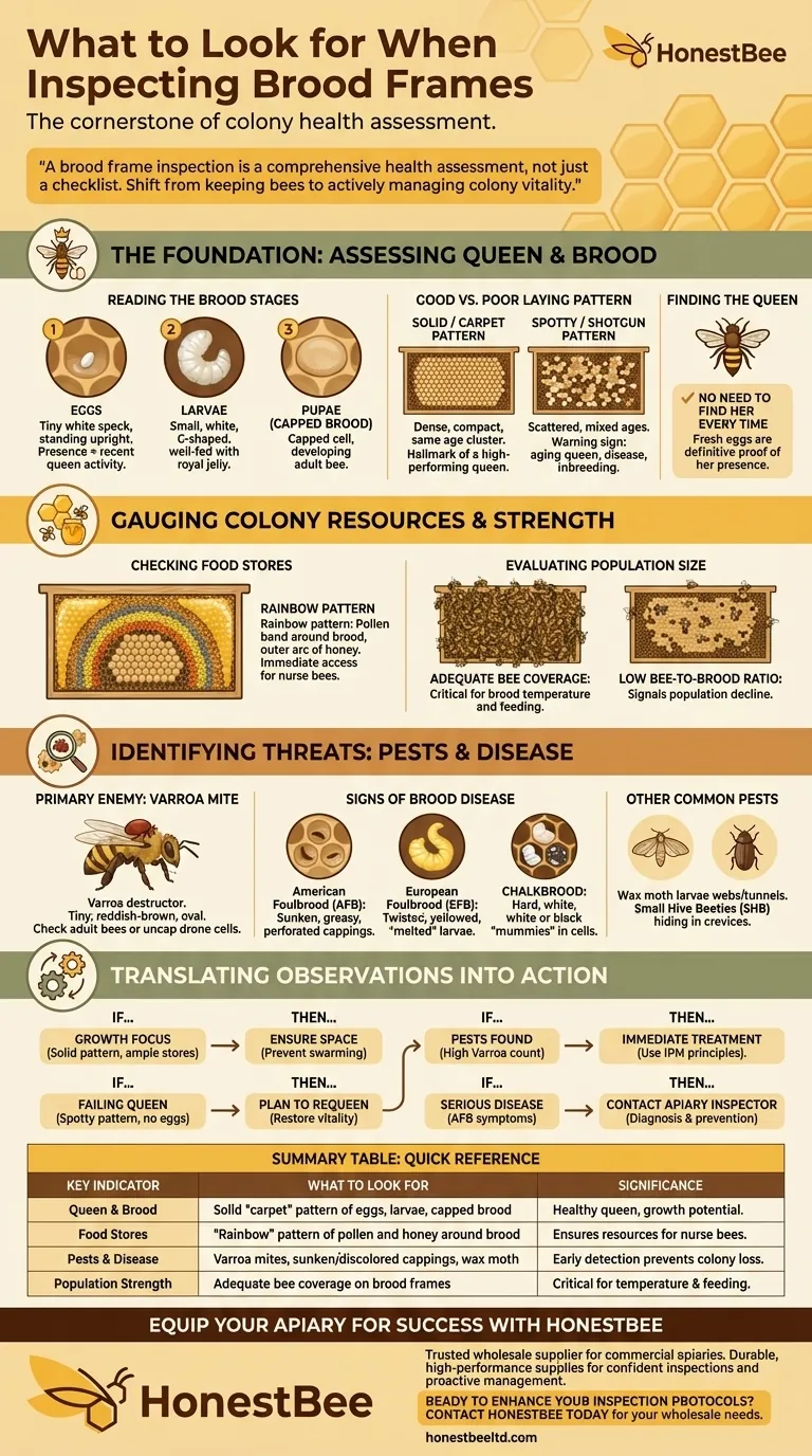 What should you look for when inspecting brood frames? Master the Key Indicators of Colony Health Visual Guide