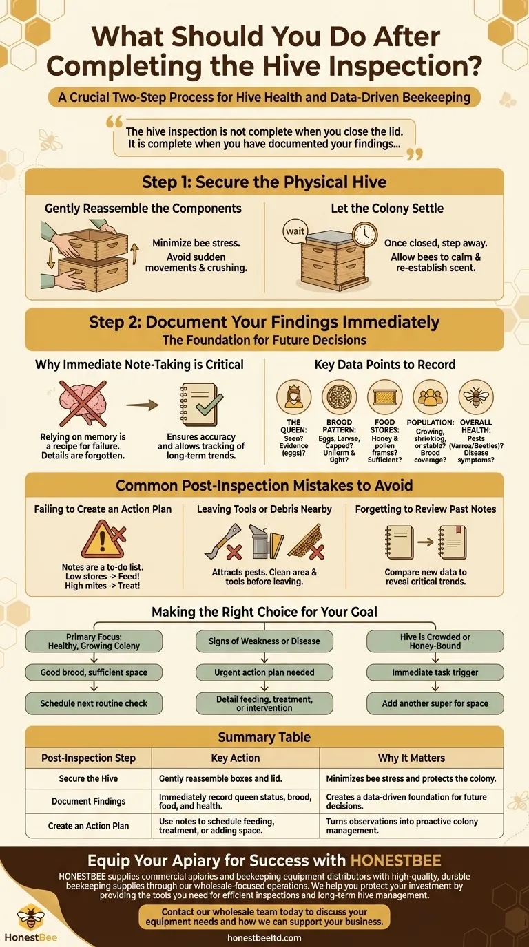 벌통 검사를 마친 후 무엇을 해야 할까요? 벌통을 안전하게 보호하고 성공을 위한 기록을 남기세요 시각적 가이드