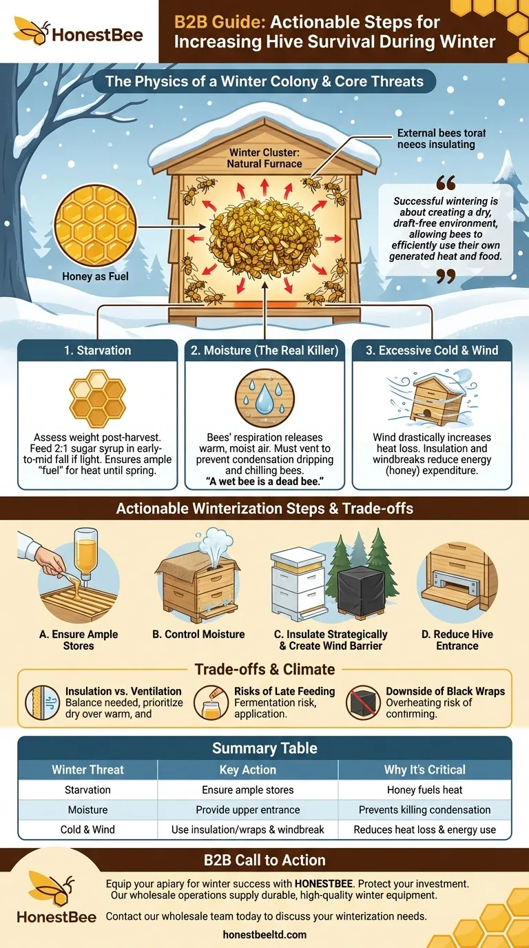 겨울 동안 벌통 생존율을 높이기 위한 실행 가능한 조치는 무엇인가요? 건조하고 먹이가 충분한 벌통 가이드 시각적 가이드
