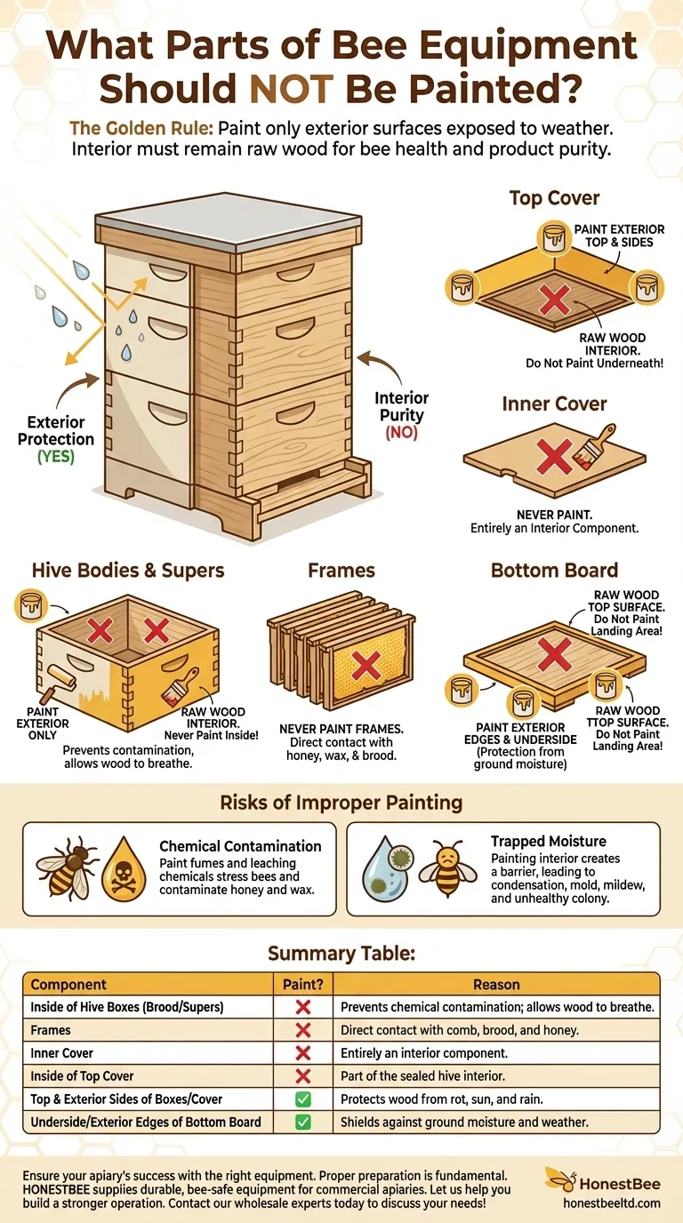 Quelles parties de l'équipement apicole ne devraient pas être peintes ? Protégez l'intérieur de votre ruche pour la santé des abeilles Guide Visuel