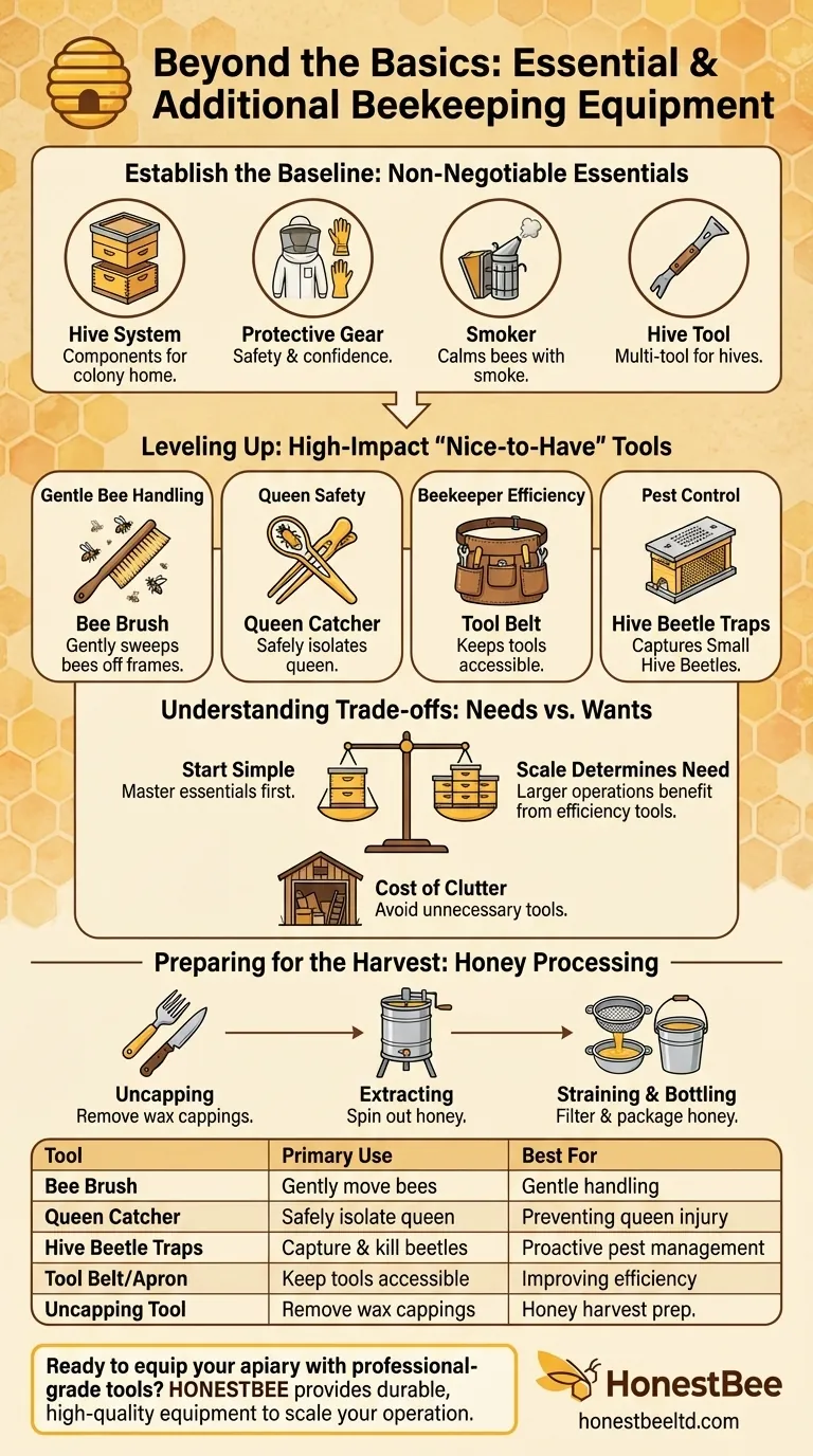 What additional equipment might be useful for beekeeping? Boost Hive Health & Efficiency Visual Guide