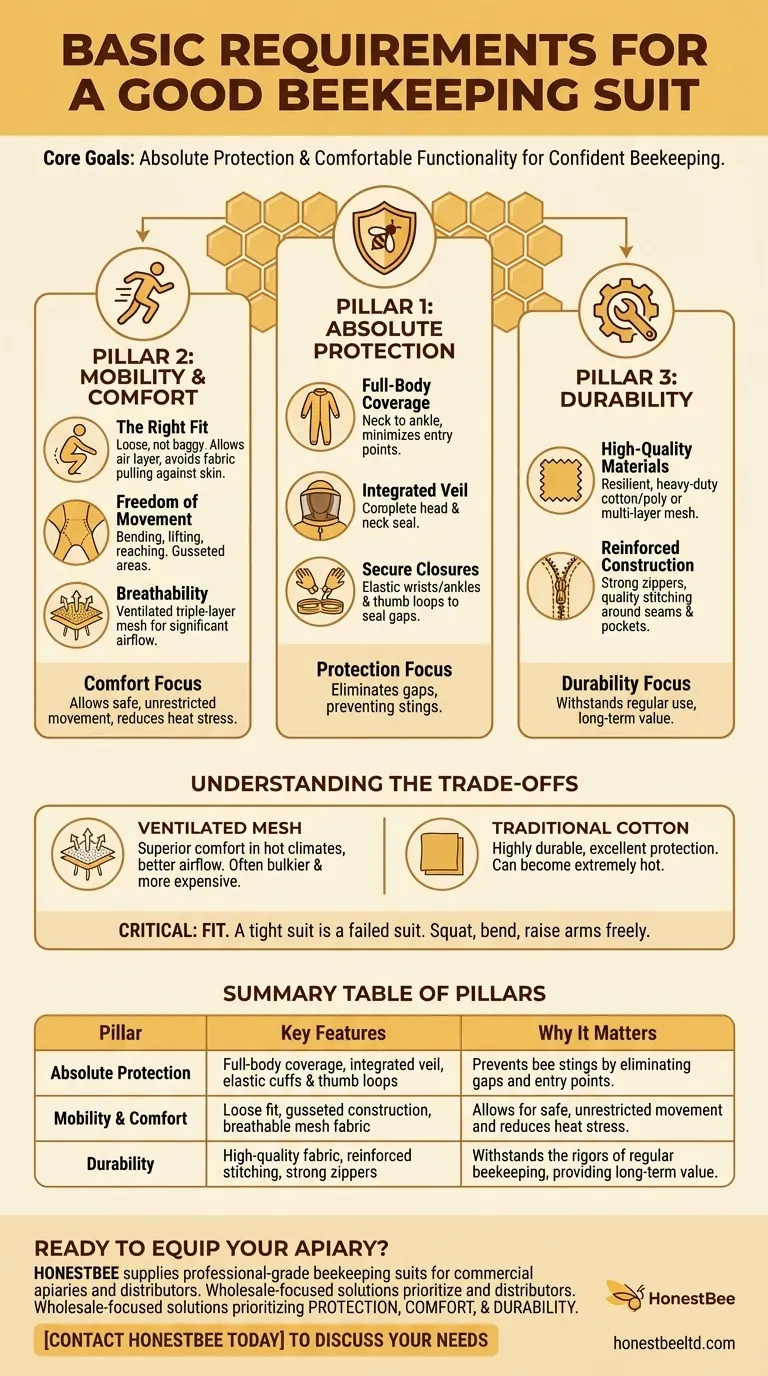 What are the basic requirements for a good beekeeping suit? Protection, Mobility, and Durability Visual Guide