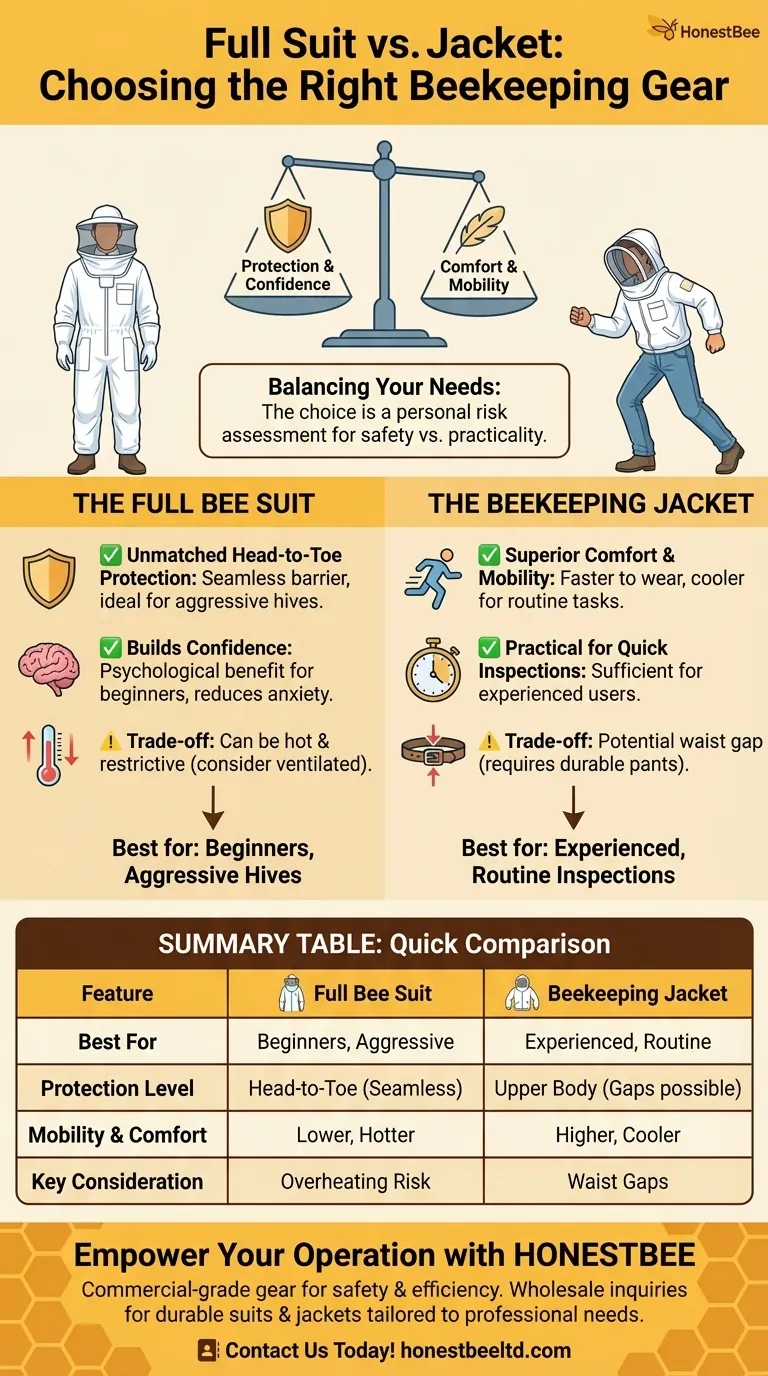 What should beekeepers consider when choosing between a full suit and a jacket with a veil? Find Your Perfect Fit for Safety and Comfort Visual Guide