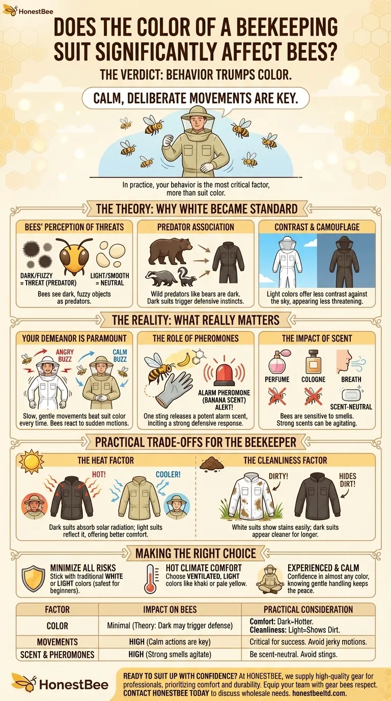 Does the color of a beekeeping suit significantly affect bees? Focus on Calm Movements for a Peaceful Hive Visual Guide