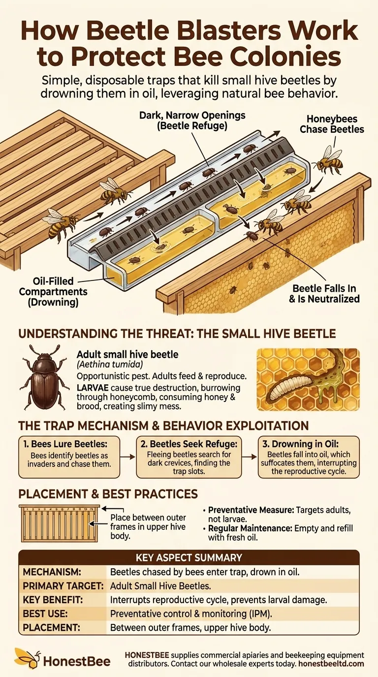 딱정벌레 포획기(beetle blasters)는 벌집 군집을 보호하기 위해 어떻게 작동합니까? 건강한 벌집을 위한 효과적인 해충 통합 관리(IPM) 시각적 가이드