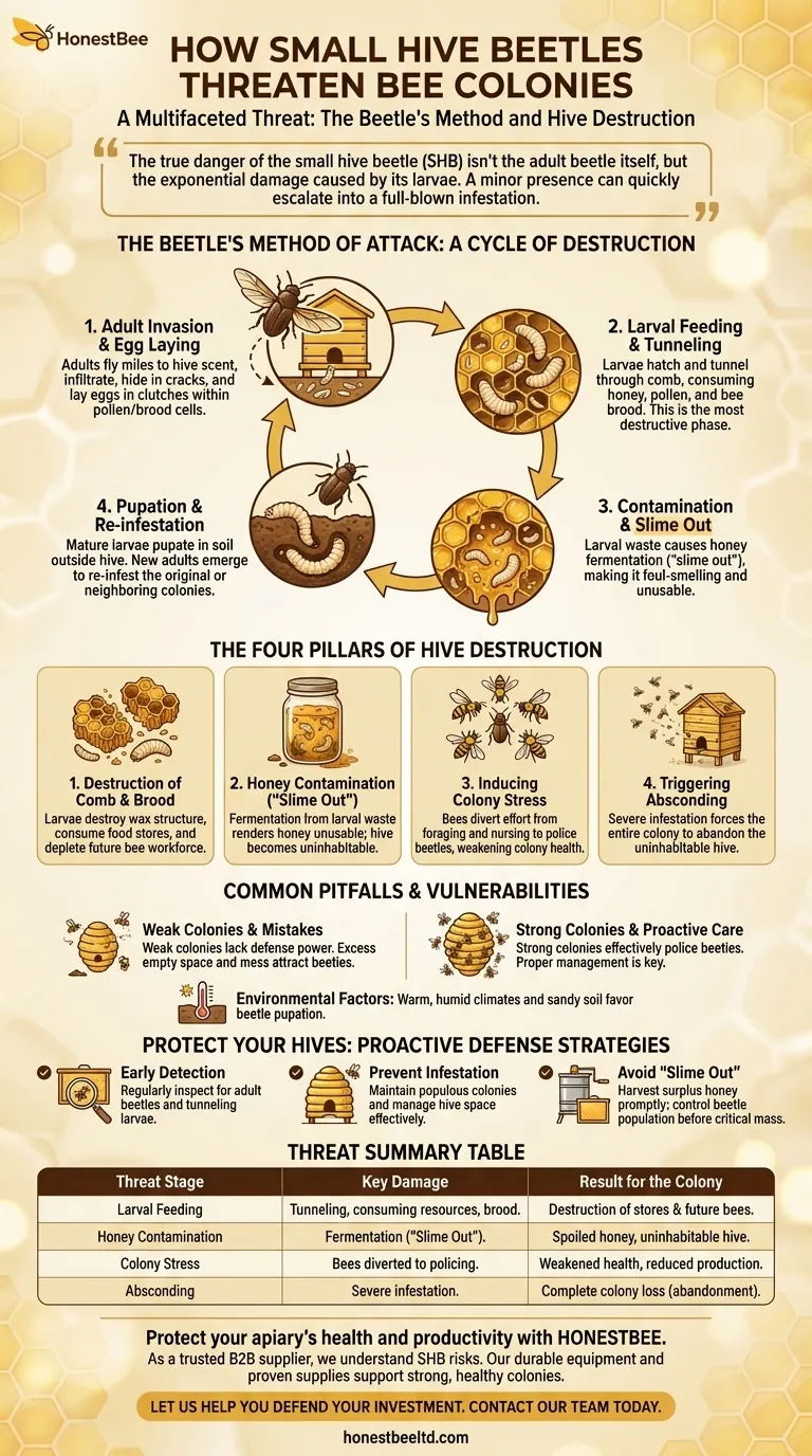 작은 벌집 딱정벌레는 어떻게 벌집 군집을 위협합니까? 유충 파괴 및 슬라임 아웃 방지 시각적 가이드