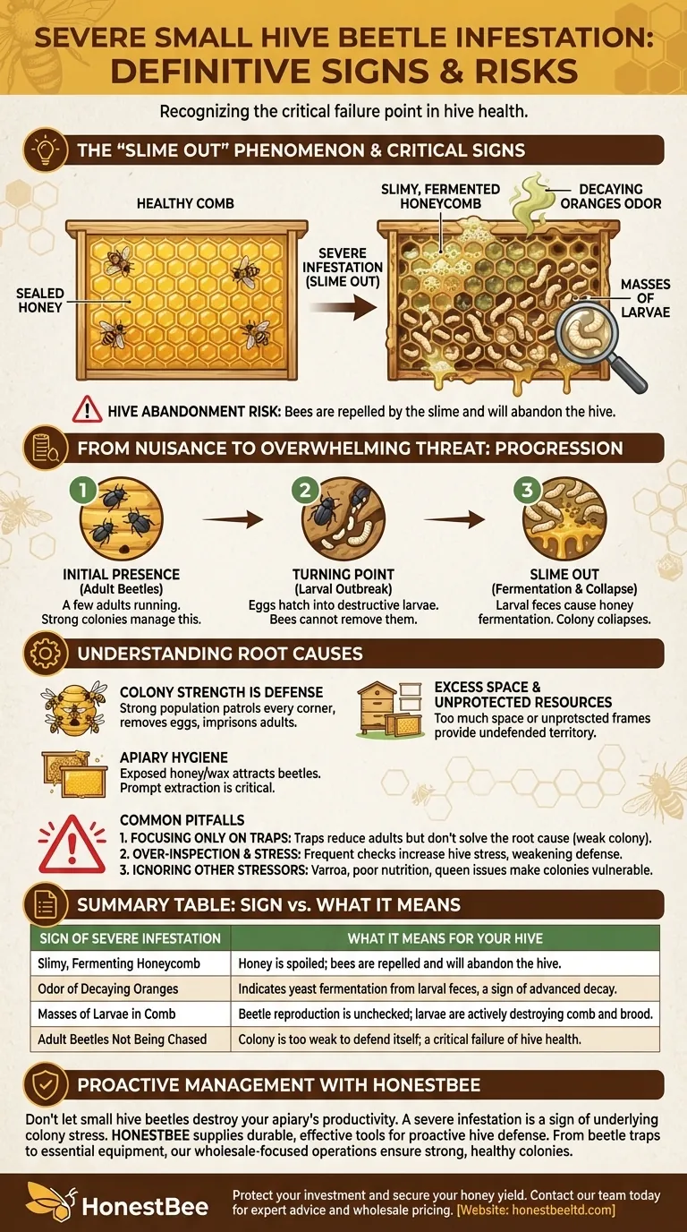 심각한 작은 벌집 딱정벌레(SHB) 침입의 징후는 무엇인가요? 벌집 붕괴를 예방하고 투자를 보호하세요 시각적 가이드