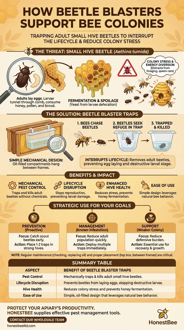 딱정벌레 덫(예: 비틀 블래스터)은 벌 군집을 어떻게 지원합니까? 벌통을 파괴적인 해충으로부터 보호하세요 시각적 가이드