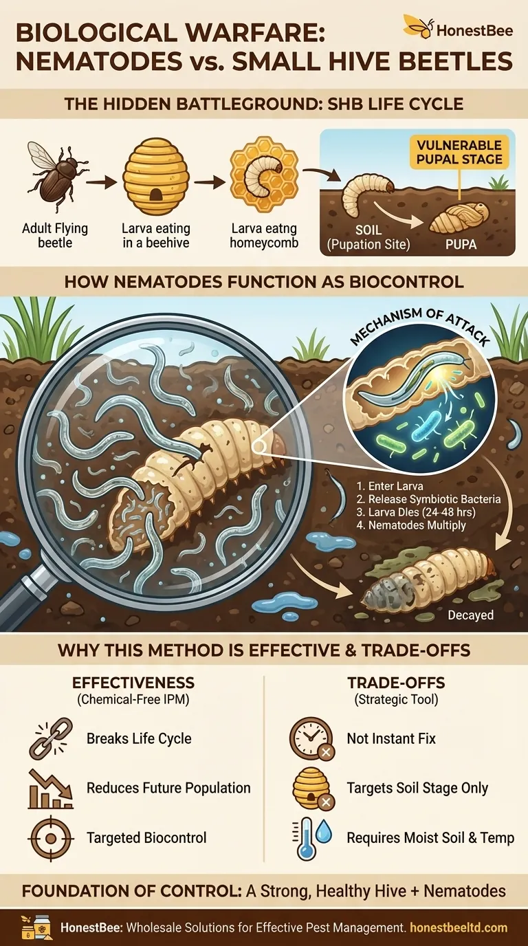 How do nematodes help control small hive beetles? A Natural, Chemical-Free Solution for Apiaries Visual Guide