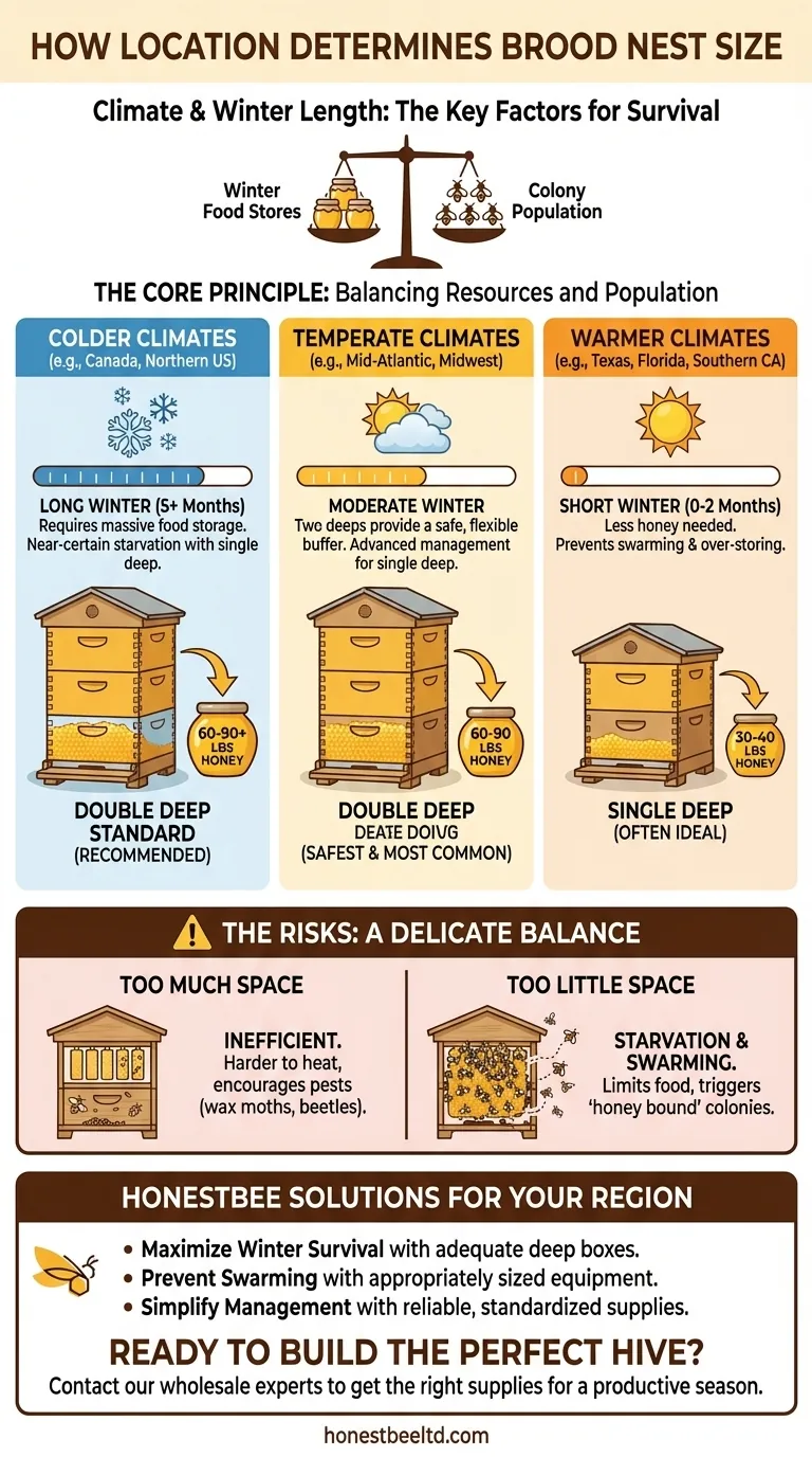 How does the size of the brood nest vary based on location? Optimize Your Hive for Climate and Survival Visual Guide