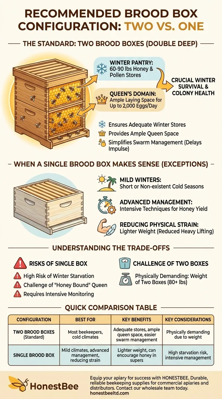 What is the recommended number of brood boxes for most beekeepers? The Standard for Colony Health & Survival Visual Guide