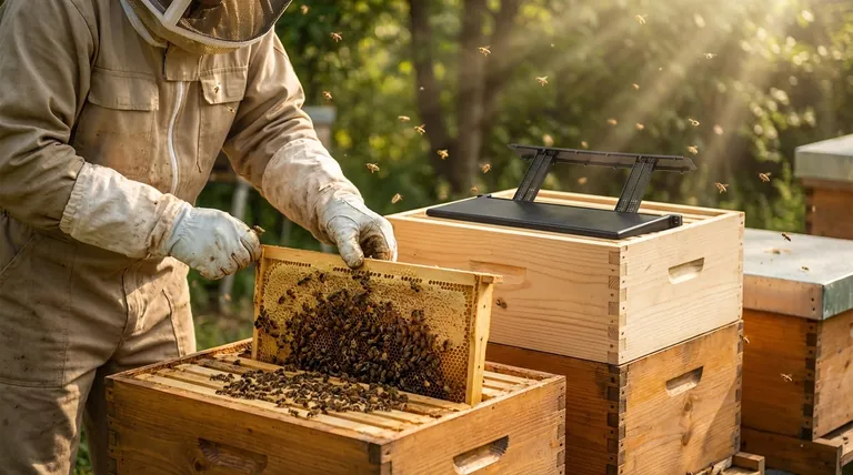 새로 추가한 벌통으로 육아벌들이 이동하도록 어떻게 장려할 수 있을까요? 군집 확장을 유도하기 위해 육아틀을 활용하세요