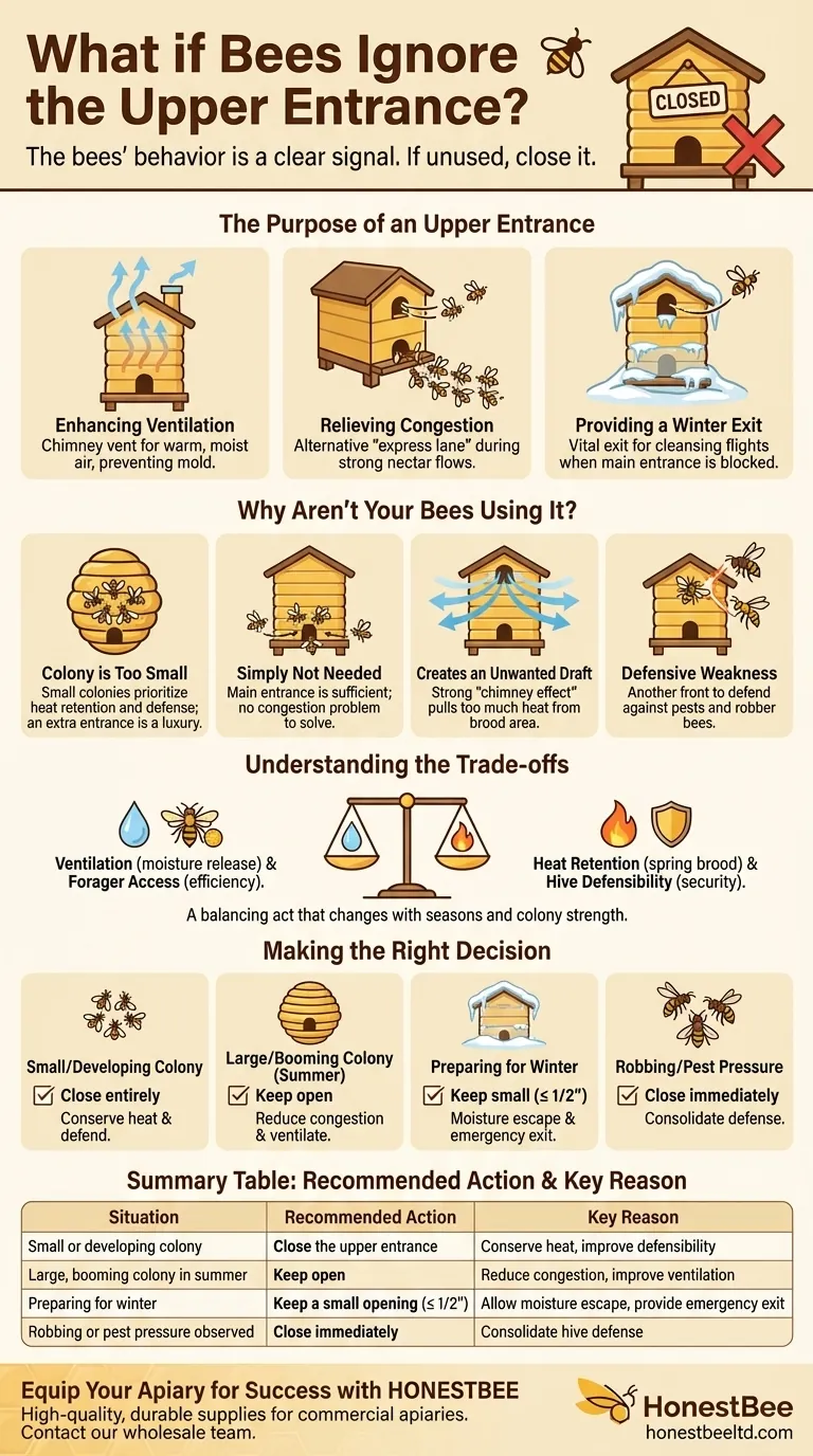 What should you do if bees are not using the upper entrance? A Guide to Reading Your Hive's Signals Visual Guide