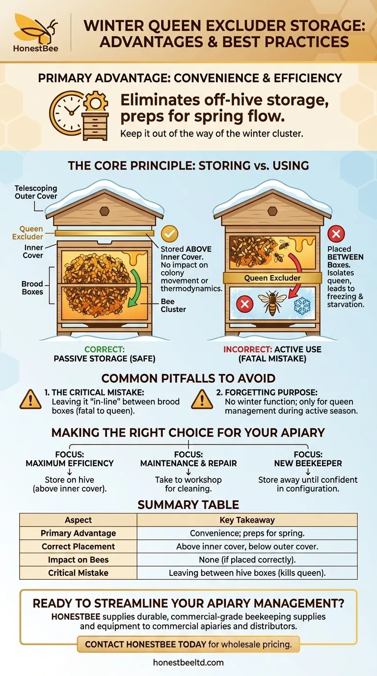 What is the advantage of storing queen excluders on the hive over winter? Maximize Beekeeper Efficiency Visual Guide