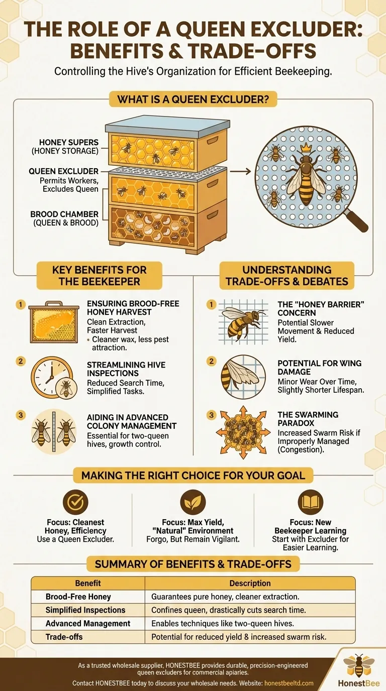 여왕벌 배제 장치(queen excluder)를 사용했을 때의 주요 이점은 무엇인가요? 산란 없는 꿀 수확을 보장하세요 시각적 가이드
