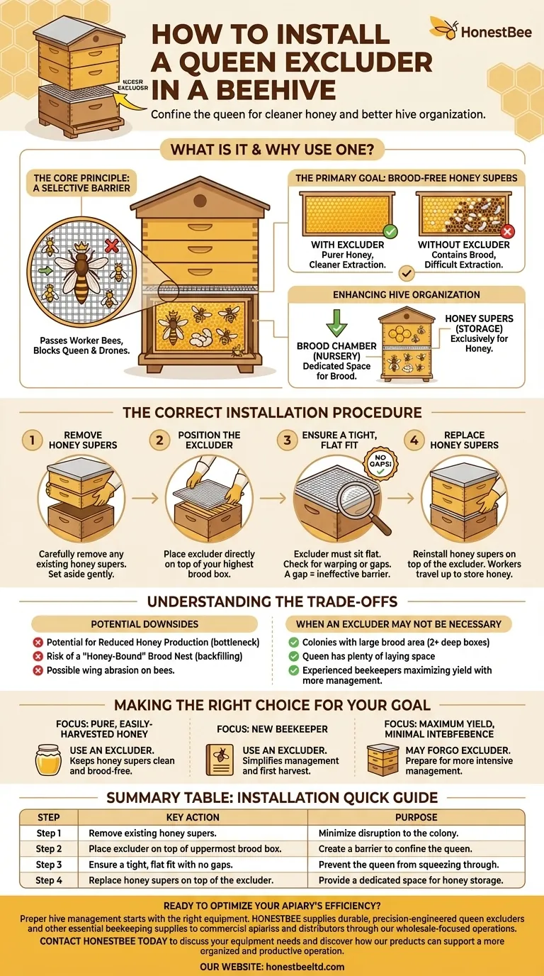 How should a queen excluder be installed in a beehive? Ensure a Brood-Free Honey Harvest Visual Guide