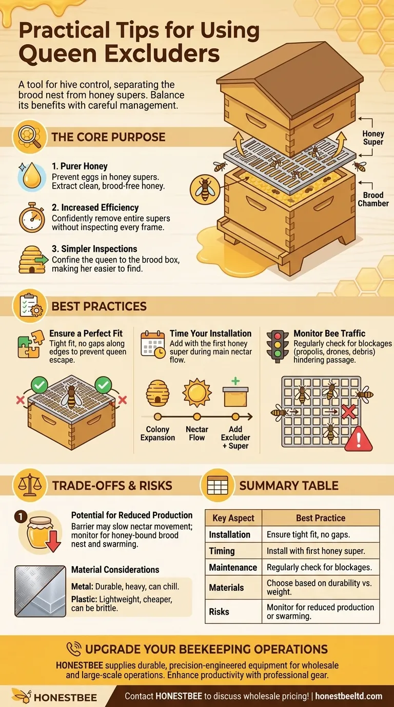 여왕벌 배제기(queen excluder)를 사용할 때 양봉가가 따라야 할 실용적인 팁은 무엇입니까? 벌통 효율성 및 꿀 순도 극대화 시각적 가이드