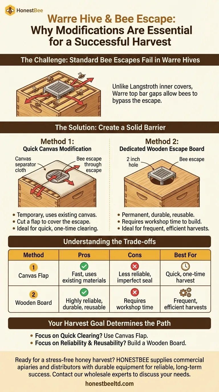 ما هي التعديلات اللازمة لاستخدام مخرج النحل في خلية وار (Warre hive)؟ ضمان حصاد عسل هادئ وفعال دليل مرئي