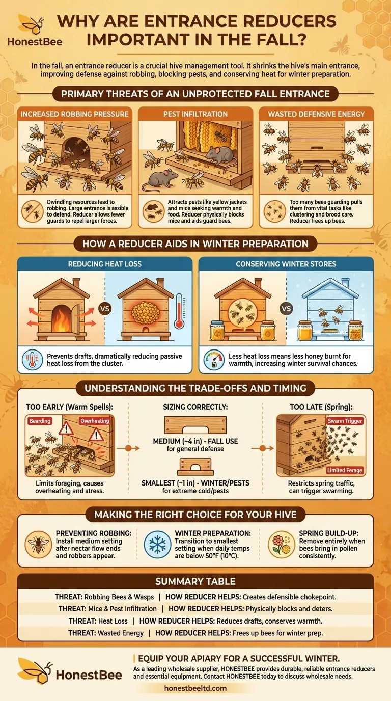 가을에 입구 좁히개(entrance reducer)가 중요한 이유는 무엇인가요? 겨울 생존을 위한 필수 벌통 방어 시각적 가이드