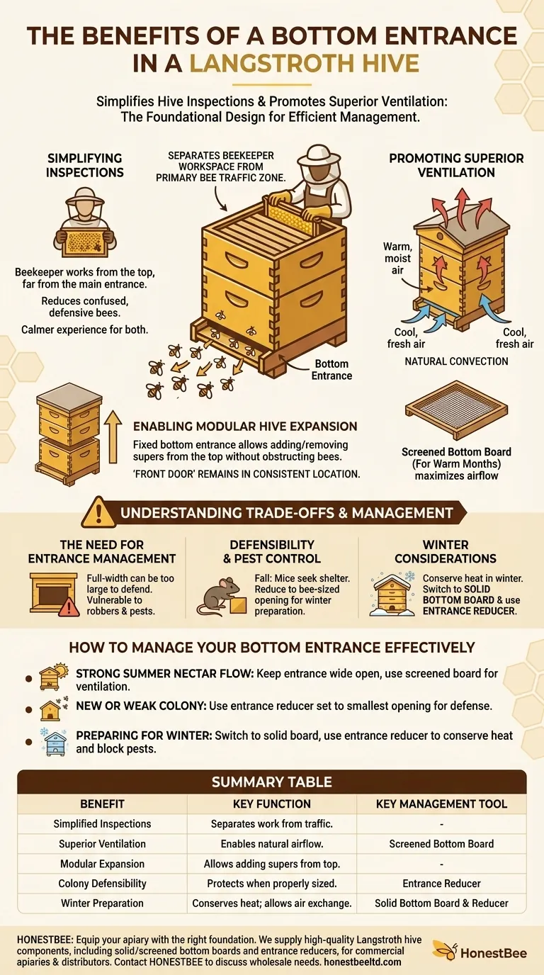 What are the benefits of a bottom entrance in a Langstroth hive? Enhance Hive Health & Beekeeper Efficiency Visual Guide