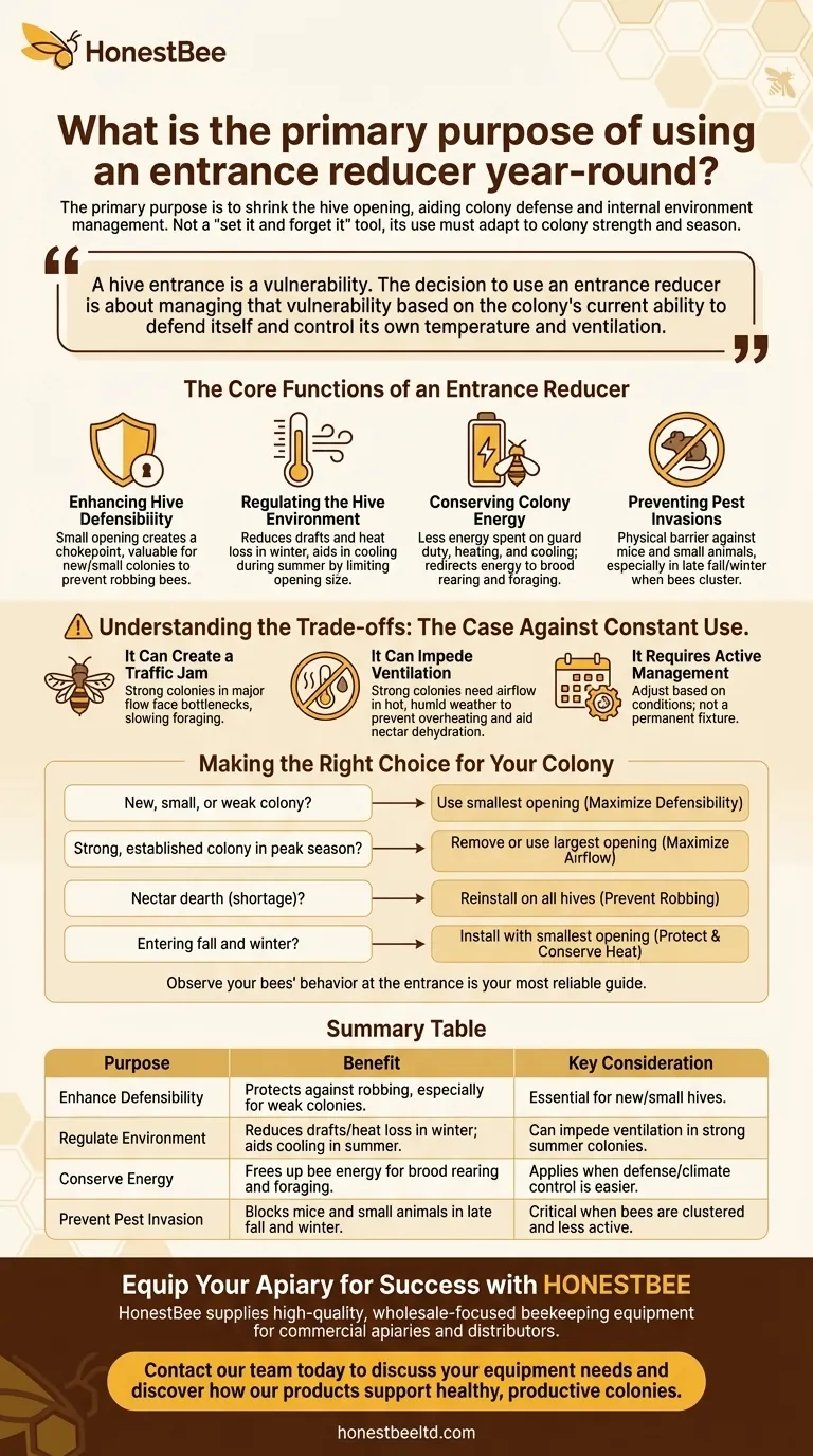 Quel est l'objectif principal de l'utilisation d'un réducteur d'entrée toute l'année ? Gérer la défense de la ruche et le climat. Guide Visuel