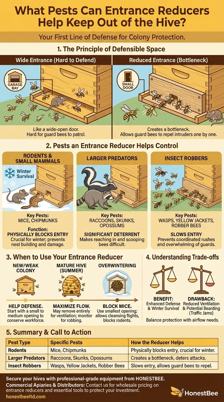 Quels nuisibles les réducteurs d'entrée aident-ils à empêcher d'entrer dans la ruche ? Protection essentielle pour votre colonie Guide Visuel