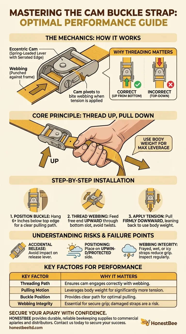 How should a cam buckle strap be installed for optimal performance? Master the Leverage for Maximum Tension Visual Guide