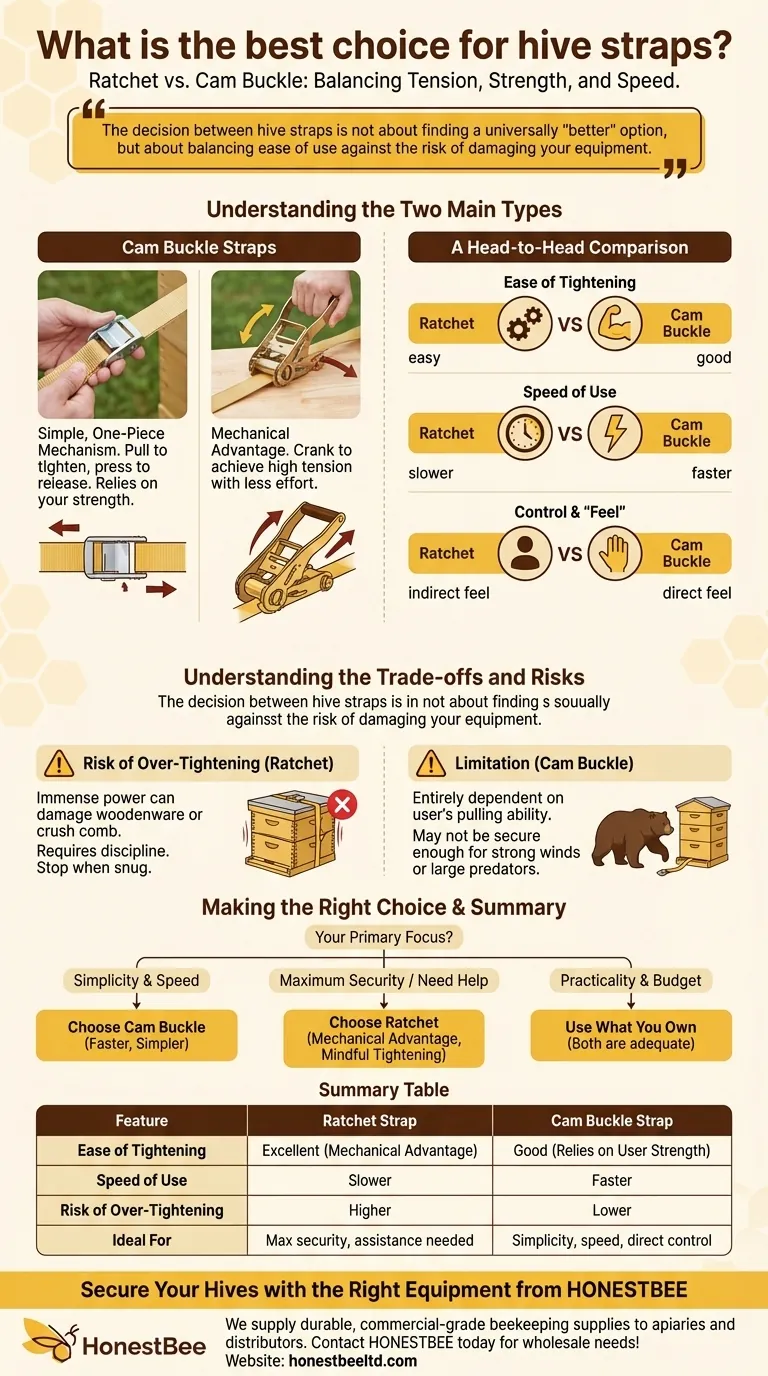 Qual é a melhor escolha para cintas de colmeia? Catraca vs. Fivela de came para o seu apiário Guia Visual