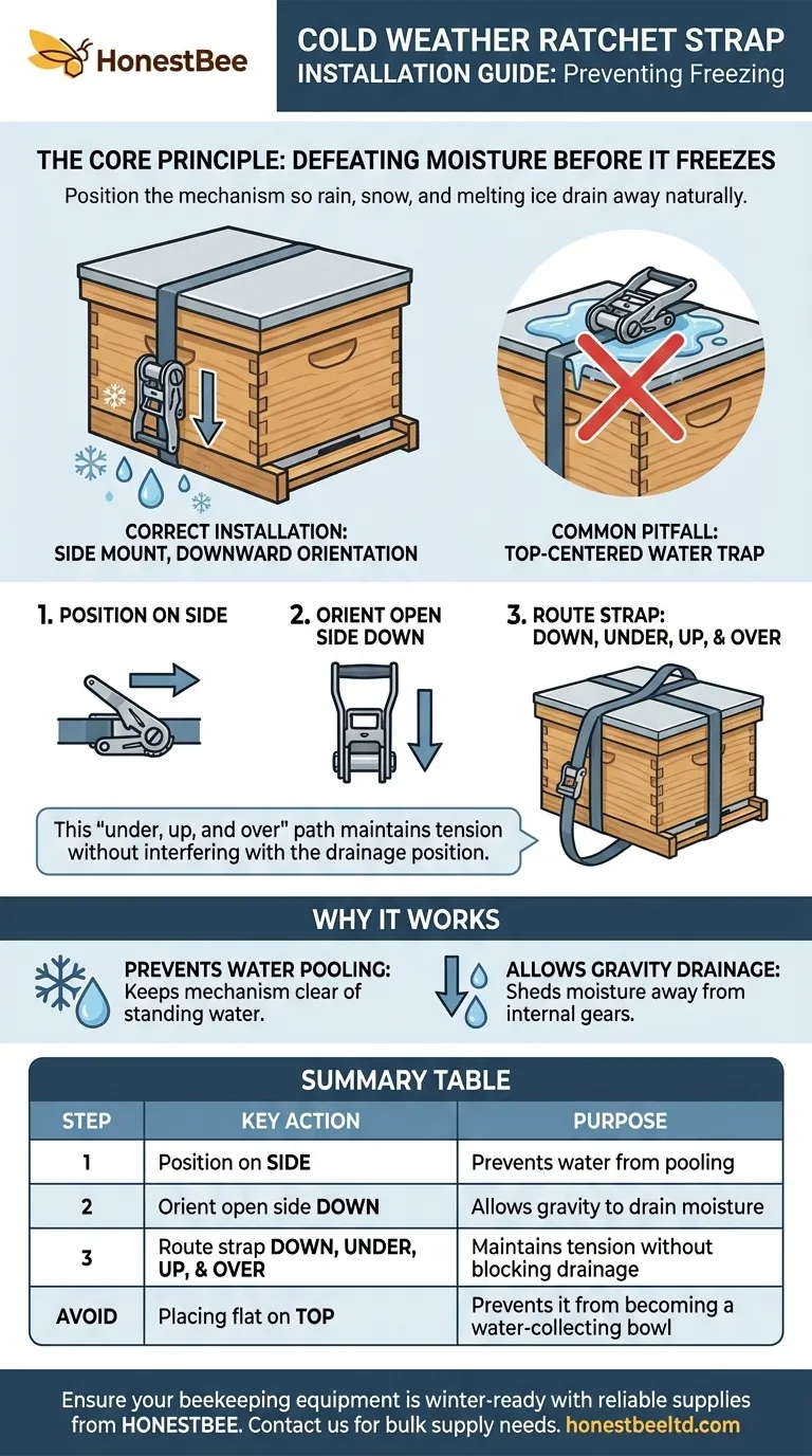What is the correct way to install a ratchet strap to reduce freezing in cold weather? Prevent Seizure with Proper Drainage Visual Guide