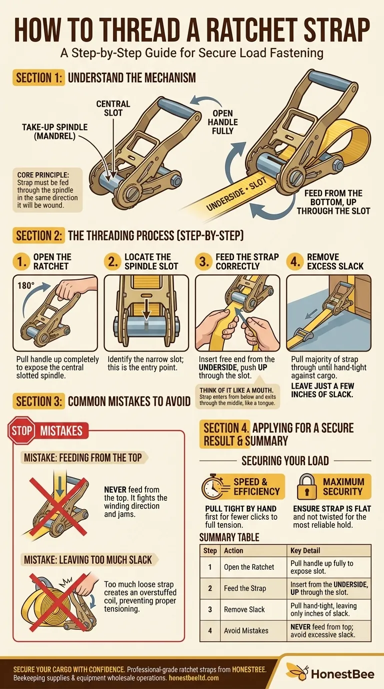 스트랩의 자유로운 끝을 래칫 메커니즘에 어떻게 삽입합니까? 안전한 하중을 위한 올바른 끼우기 방법을 숙지하십시오 시각적 가이드