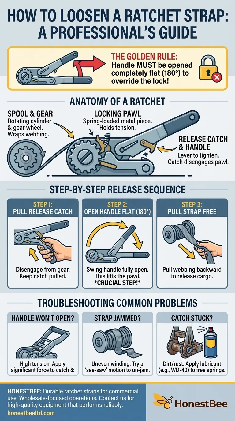 كيف تقوم بإرخاء حزام الشد ذي السقاطة؟ أتقن آلية التحرير بزاوية 180 درجة لتسهيل تفريغ الحمولة دليل مرئي