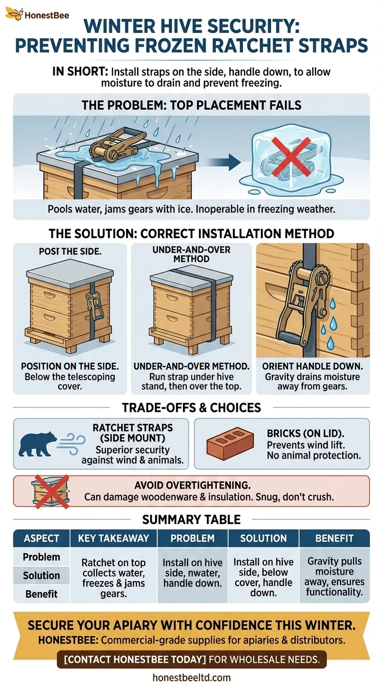 Why install ratchet straps below the hive top in freezing weather? Prevent a frozen, useless strap. Visual Guide