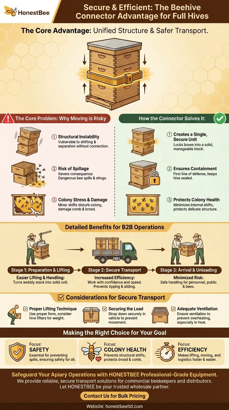 What is the advantage of using the beehive connector when handling full attachments? Achieve Safe and Efficient Hive Transport Visual Guide