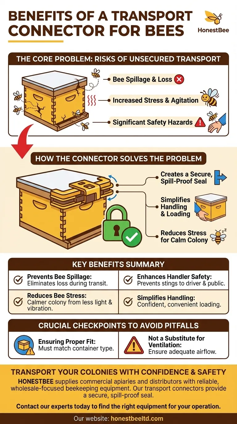 What is the benefit of using the connector during transport? Secure Your Bees & Simplify Transport Visual Guide