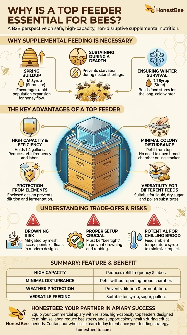 꿀벌에게 상부 급이기(Top Feeder)가 필수적인 이유는 무엇인가요? 군집 건강과 효율성 보장 시각적 가이드