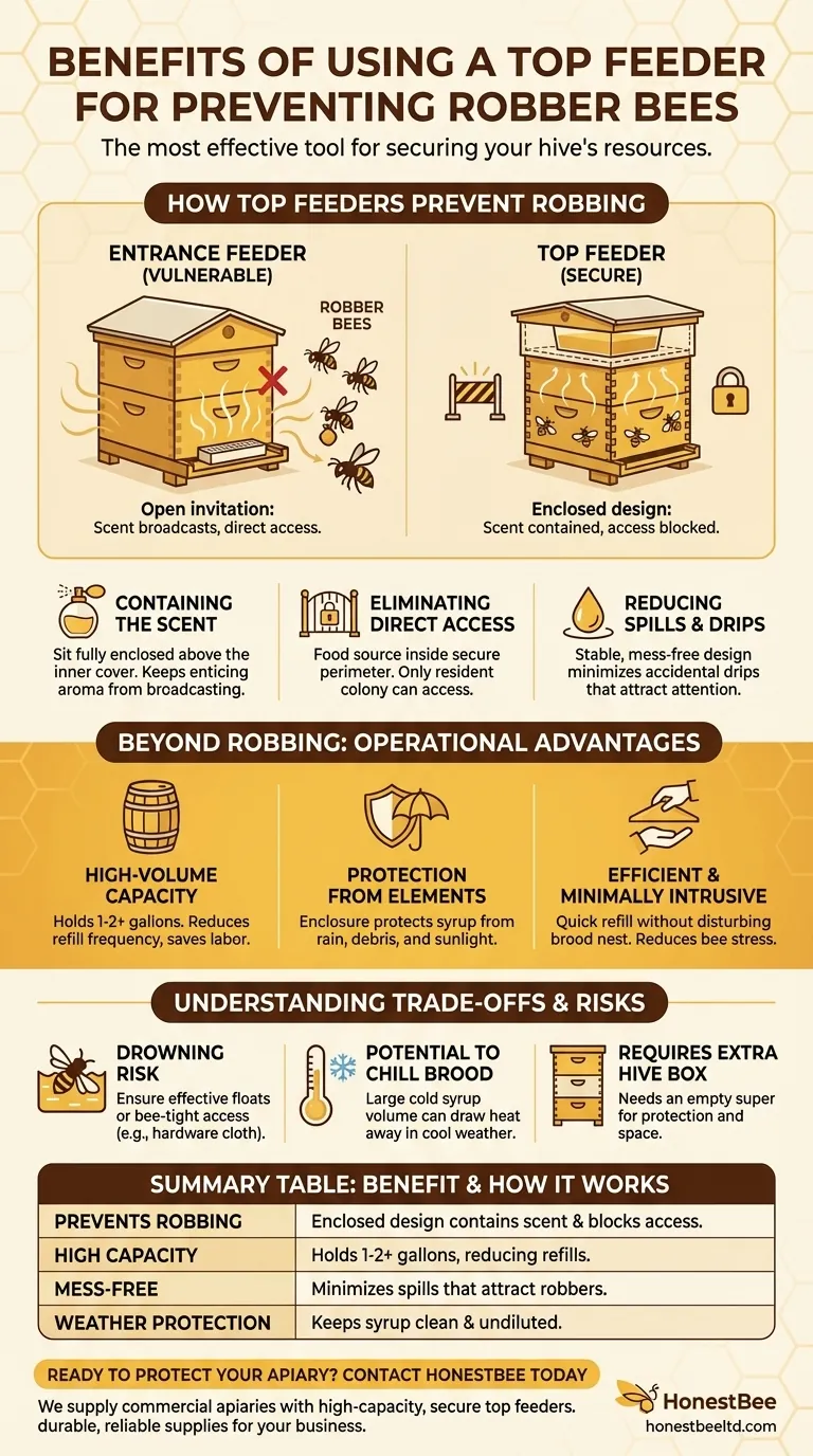 What are the benefits of using a top feeder in terms of preventing robber bees? Secure Your Hive's Resources Visual Guide