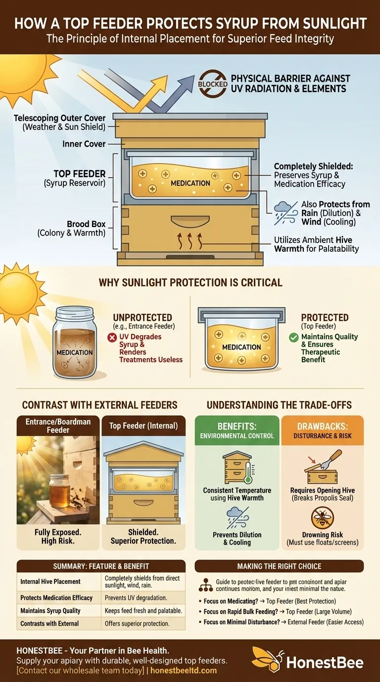 How does a top feeder protect syrup from sunlight? Shielding Medication and Feed for Healthier Hives Visual Guide