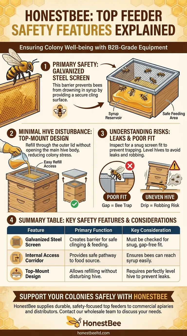 상단 급수기에는 어떤 안전 기능이 포함되어 있나요? 익사 방지 및 벌통 안전 가이드 시각적 가이드