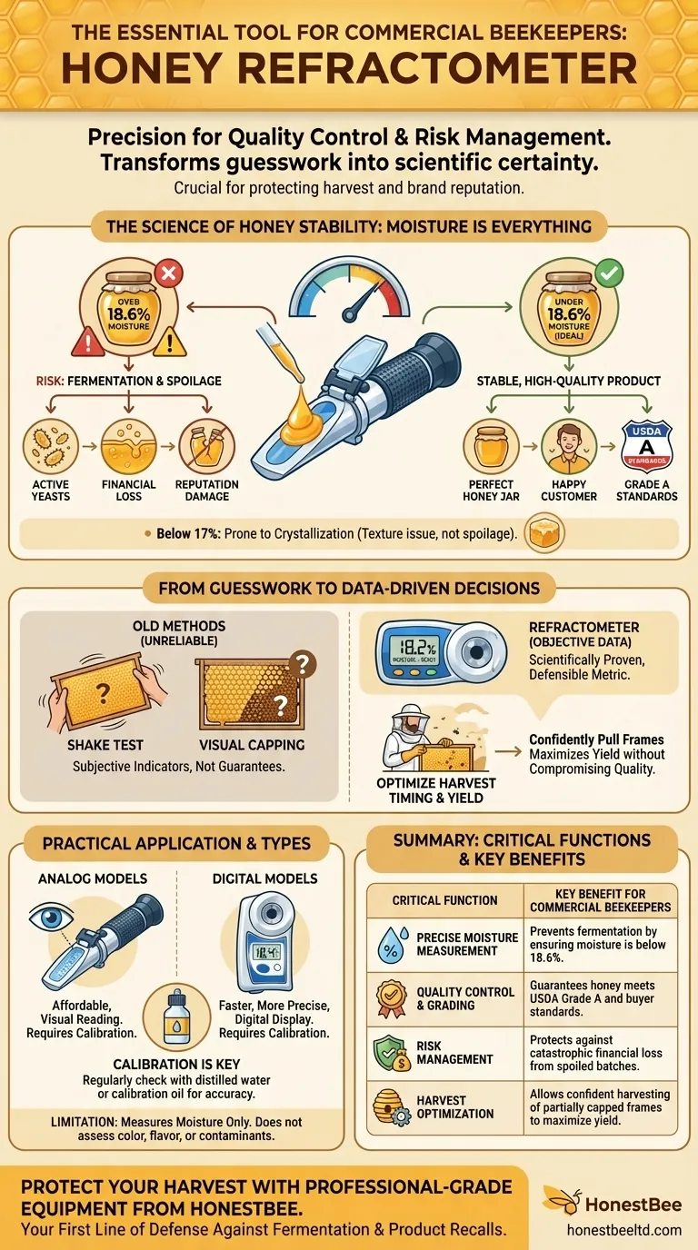 Why is a honey refractometer considered essential for commercial beekeepers? Ensure Honey Quality and Profitability Visual Guide