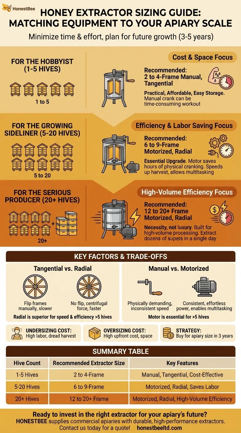 ¿Cuáles son los tamaños de extractor recomendados según el número de colmenas? Una guía para cada escala de apiario Guía Visual