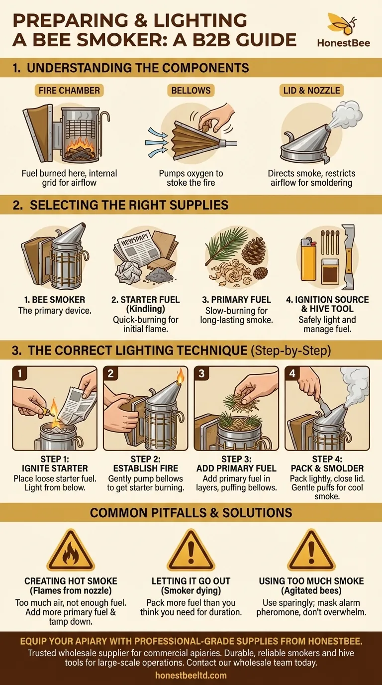 What supplies are needed to prepare and light a bee smoker? Master the Art of Calm Hive Inspections Visual Guide