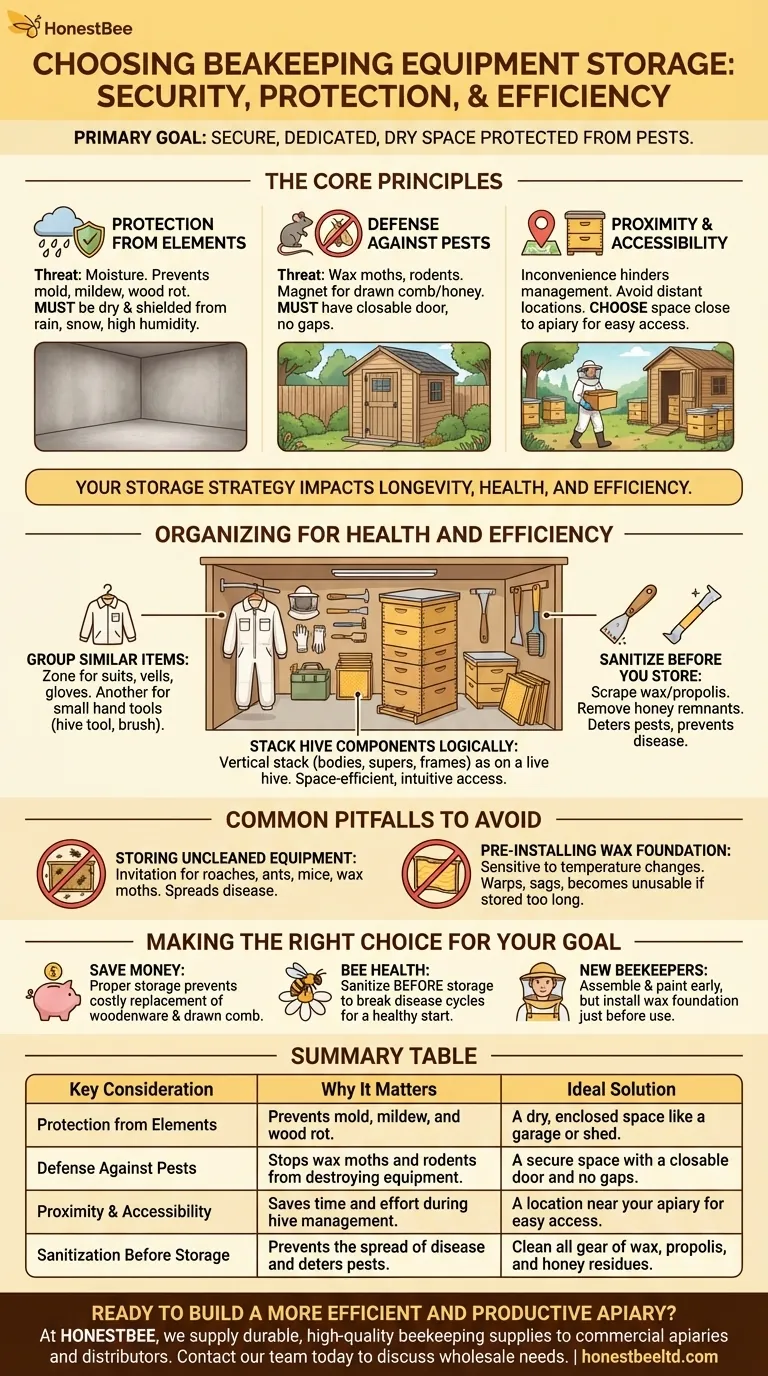 What should be considered when choosing a storage space for beekeeping equipment? Protect Your Investment and Bee Health Visual Guide