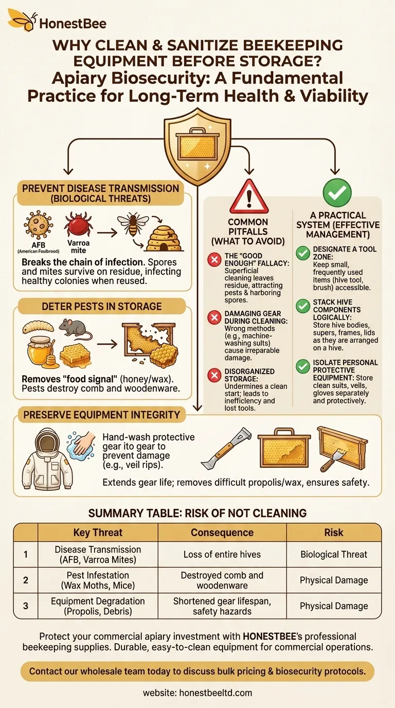 Why is it important to clean and sanitize beekeeping equipment before storage? Protect Your Apiary Investment Visual Guide